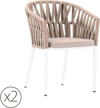 Kerama Pack de 2 sillas de jardin de aluminio blanco y cuerda beige con coj&iacute;n