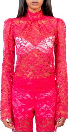 Doris S Fuchsia Kant Hoge Hals Blouse - Dames - Blouses - Roze - M - Overhemden