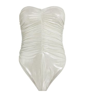 Norma Kamali White Ruched Metallic Marissa Swimsuit Size XS