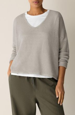 Eileen Fisher V-Neck Open Knit Sweater in Chalk at Nordstrom, Size Xx-Small