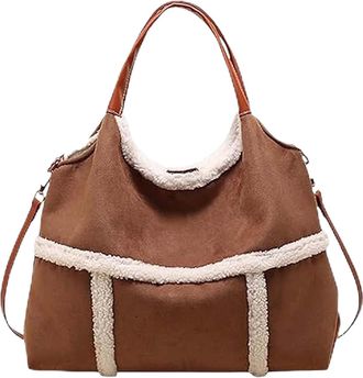 Generic Women Suede Tote with Faux Lamb Wool, Suede Tote Bag for Women, Vintage Large Capacity Shoulder Cross body Bag (Brown)
