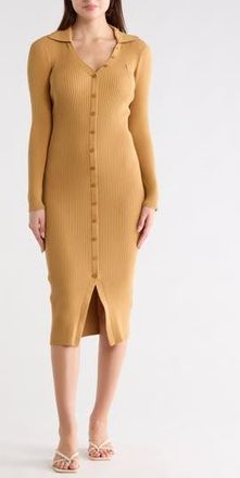 DKNY Long Sleeve Rib Polo Dress in Whiskey at Nordstrom Rack, Size X-Small
