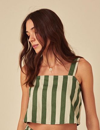 Nobody's Child Green Striped Linen-blend Swing Top