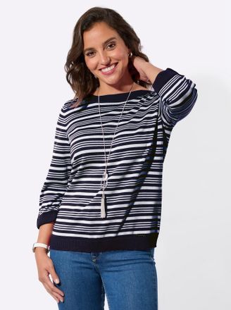 Casual Looks 3/4 Arm-Pullover CASUAL LOOKS Ringel-Pullover, Damen, Gr. 36, marine, ecru, geringelt, 100% Baumwolle, gemustert, gestreift, mehrfarbig, Pullover 3/4 