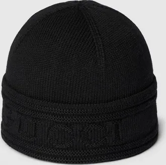 Gucci Knit Wool Hat With Gucci Logo, Size L, Black, Wool