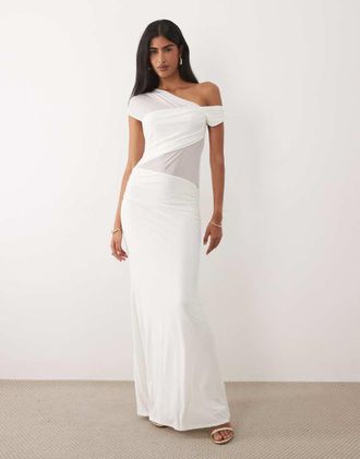 Asos Vestito lungo bianco in rete con pannelli trasparenti e spalle scivolate