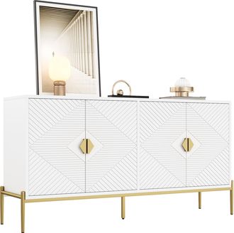 STILVORA Aparador Con 4 Puertas, Relieve Geom&eacute;trico 3d, Tiradores Dorados, Patas Met&aacute;licas, Estilo Moderno, 162&times;40&times;80 Cm, Blanco
