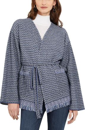 Misook Fringe Tie Waist Cardigan in Oceanic/white/black at Nordstrom Rack, Size X-Large