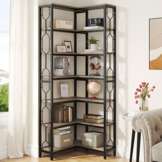 Tribesigns 7-Tier Industrial Corner Bookshelf - Freestanding Wood and Metal Etagere Display Shelf