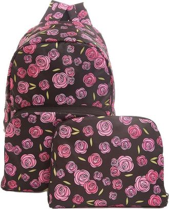 Eco Chic Lightweight Foldable Water Resistant Backpack Rucksack Folds into Pouch for Storage (Mackintosh Rose Black)
