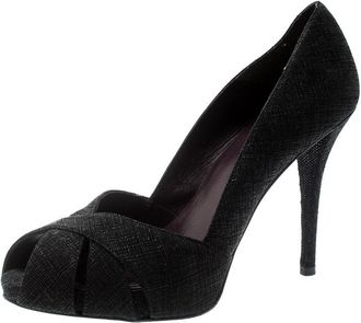 Stuart Weitzman Black Textured Fabric Criss Cross Open Toe Platform Pumps