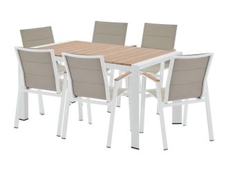 Vente-Unique Comedor de jard&iacute;n de aluminio: mesa L.150 cm y 6 sillones apilables - Natural claro y blanco - LIOUS de MYLIA