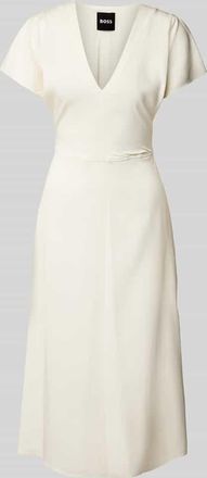 HUGO BOSS Midikleid mit V-Ausschnitt Modell Dieshana in Offwhite, Gr&ouml;&szlig;e 36