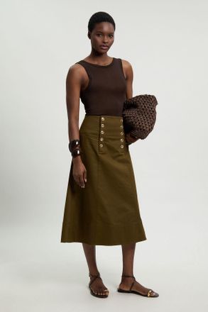 Karen Millen Womens Cotton Tailored Button Detail Midi Skirt - Khaki - Size 14 UK