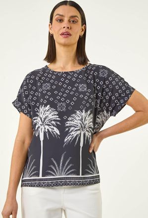 Roman Palm Print Jersey Back Top