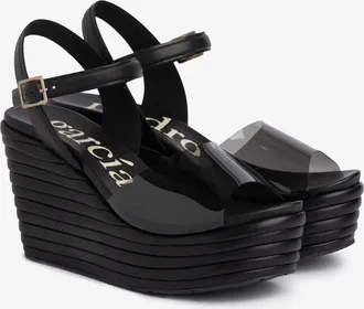 Pedro Garcia Wedge sandal in black leather with vinyl stripe | Danila | Fall winter 25 | PEDRO GARCIA
