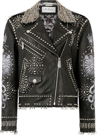 Philipp Plein Giacca biker oversize borchie tatuaggio farfalla - - Jackets - Donna - Nero - M