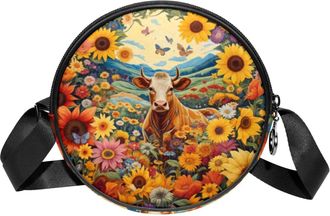 Generic Circle Crossbody Bag for Women, Sunflower Small Sling Bag Daypack with Zipper Adjustable Shoulder Straps Casual Ladies Girls Round Purse