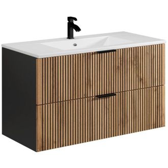 Vente-Unique Mobile per bagno sospeso con lavabo da incasso 100 cm Naturale chiaro e Nero - MADELA