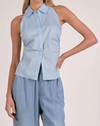 Elan Halter Neck Sleeveless Collared Button Down Top In Blue