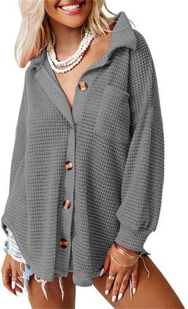 Generic 2024 Womens Waffle Knit Shacket Jacket Casual Long Sleeve Sweater Knit Long Sleeve Button Down Shirts Dressy Tops (Gray,S)