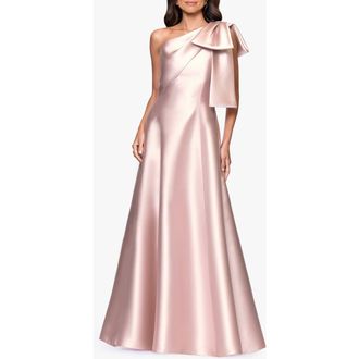 Betsy & Adam Bow Detail One-Shoulder Mikado Fit & Flare Gown in Blush at Nordstrom, Size 14