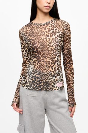 Ganni Leopard Printed Mesh Long-sleeve Blouse - Size 32 Mixed