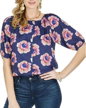 Jade Yoga Short Sleeve Peasant Blouse In Navy Rose
