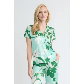 Ming Wang Floral Printed Crepe de Chine Top in Kelly Green/euca/lime/ivory at Nordstrom, Size X-Large