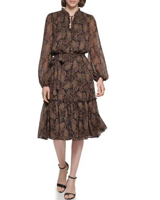 Tommy Hilfiger Long Chiffon Balloon Sleeve Wrap Midi Dress In Ivory Multi