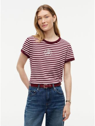 Tommy Hilfiger Womens Script Monogram Striped Ringer T-Shirt - Iced Rose - XXL