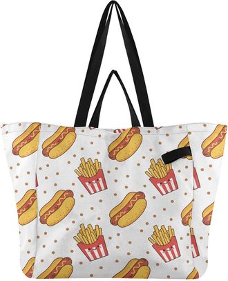 Generic Food Hot Dog Fries pattern Reusable Canvas Tote Bag, Heavy Duty Grocery Shopping Bag with Hard Bottom Large Capacity Double Handles Work Groceries Tra