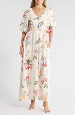 Ellen Tracy Floral Puff Sleeve Maxi Dress in Beige Garden Floral at Nordstrom Rack, Size X-Small