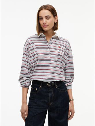 Tommy Hilfiger Womens Script Monogram Striped Rugby Sweatshirt - Stripe Light Grey - XXS