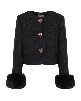 Self Portrait Cropped Metallic Boucl&eacute; Faux Fur Cuff Jacket