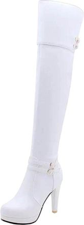 Generic Womens Knee Boots Platform Square Heel Party Club Ladies Shoes Round Toe Belt Buckle Zipper