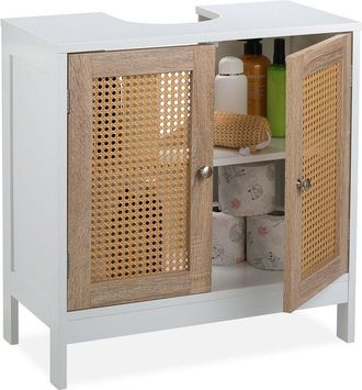 Relaxdays Mobiletto Sottolavabo a 2 Scomparti, Armadietto Lavandino, Ante in Rattan, Spazio per Sifone, Bianco Naturale - Relaxdays