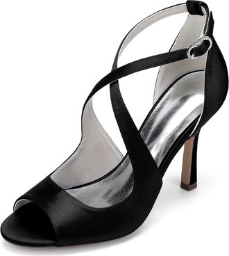 Generic Wedding Bridal Shoes Women Pumps Peep Satin Open Toe Strap Stiletto High Heel Dress Shoes Pumps Office Party Wedding9.5Cm,Black,10 UK