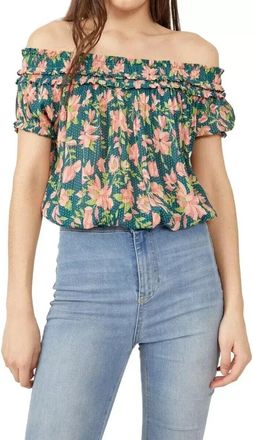 Free People Suki Top Womens Green Floral Smocked Off the Shoulder JDM864