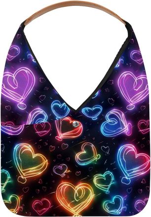 Generic Neon Hearts Pattern Reusable Lightweight Grocery Bags - Foldable Into Compact Pouch, Washable & Sturdy, Multipurpose for Shopping and Travel