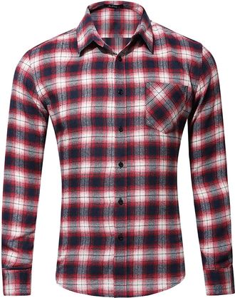 Generic Mens Plaid Flannel Shirts with Pocket Long Sleeve Regular Fit Lightweight Button Down Checkered Buffalo Plaid Shirt Soft Comfy Cotton Casual Lapel Col