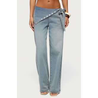 Edikted Stud Foldover Wide Leg Jeans in Light-Blue at Nordstrom, Size X-Small