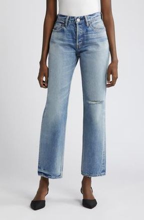 Moussy Vintage Ballard Ripped Mid Rise Straight Leg Jeans in Light Blue at Nordstrom Rack, Size 25