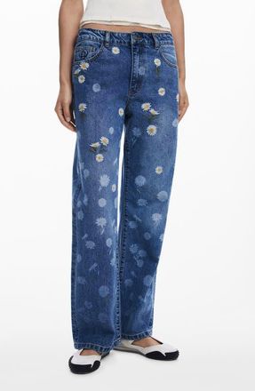 Desigual Daisy Embroidered Mid Rise Wide Leg Jeans in Medium Blue at Nordstrom, Size 38