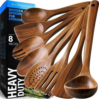 Zulay Kitchen Premium 8-Piece Wooden Spoons - Natural Teak Wood Set