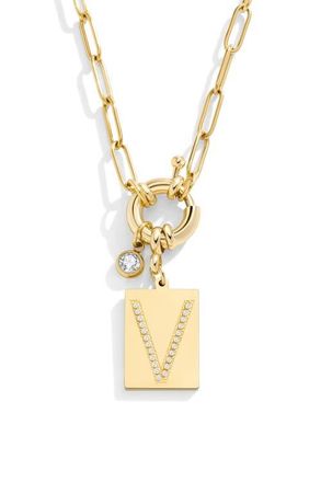 Mint & Lily Pave Initial Pendant with Paperclip Chain Necklace in Letter V at Nordstrom, Size 18