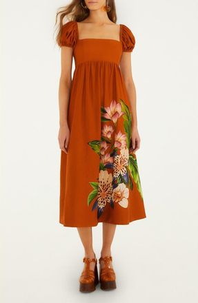 Farm Rio Hilo Arrangement Linen Blend Midi Dress in Sand at Nordstrom, Size Xx-Small