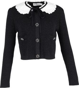Self Portrait Collared Metallic-Weave Cardigan in Black Cotton