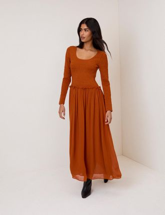 Nobody's Child Brown Shirred Long Sleeve Sorelle Midi Dress
