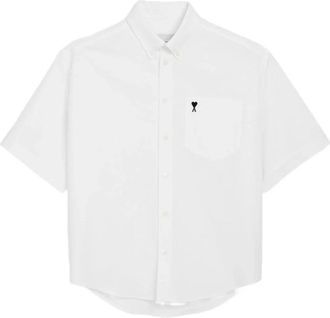 Ami Heart Embroidery Button-Down Shirt - Heren - Korte mouwen Overhemden - Wit - 3XL - Overhemden